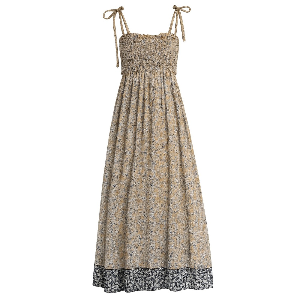 Max Studio Mustard Yellow Floral Smocked Maxi Dress Tie Strap Cotton Size M